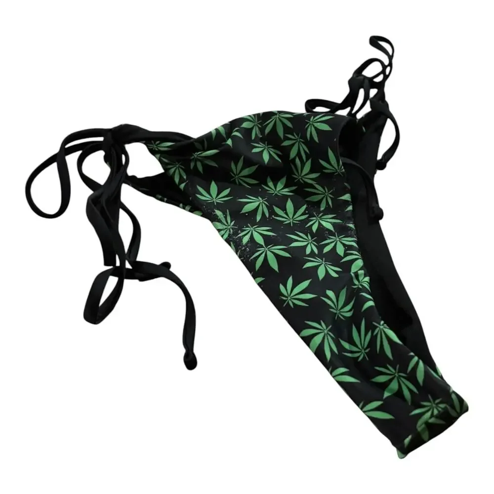 SHEIN Black String Bikini Green Leaf Size S